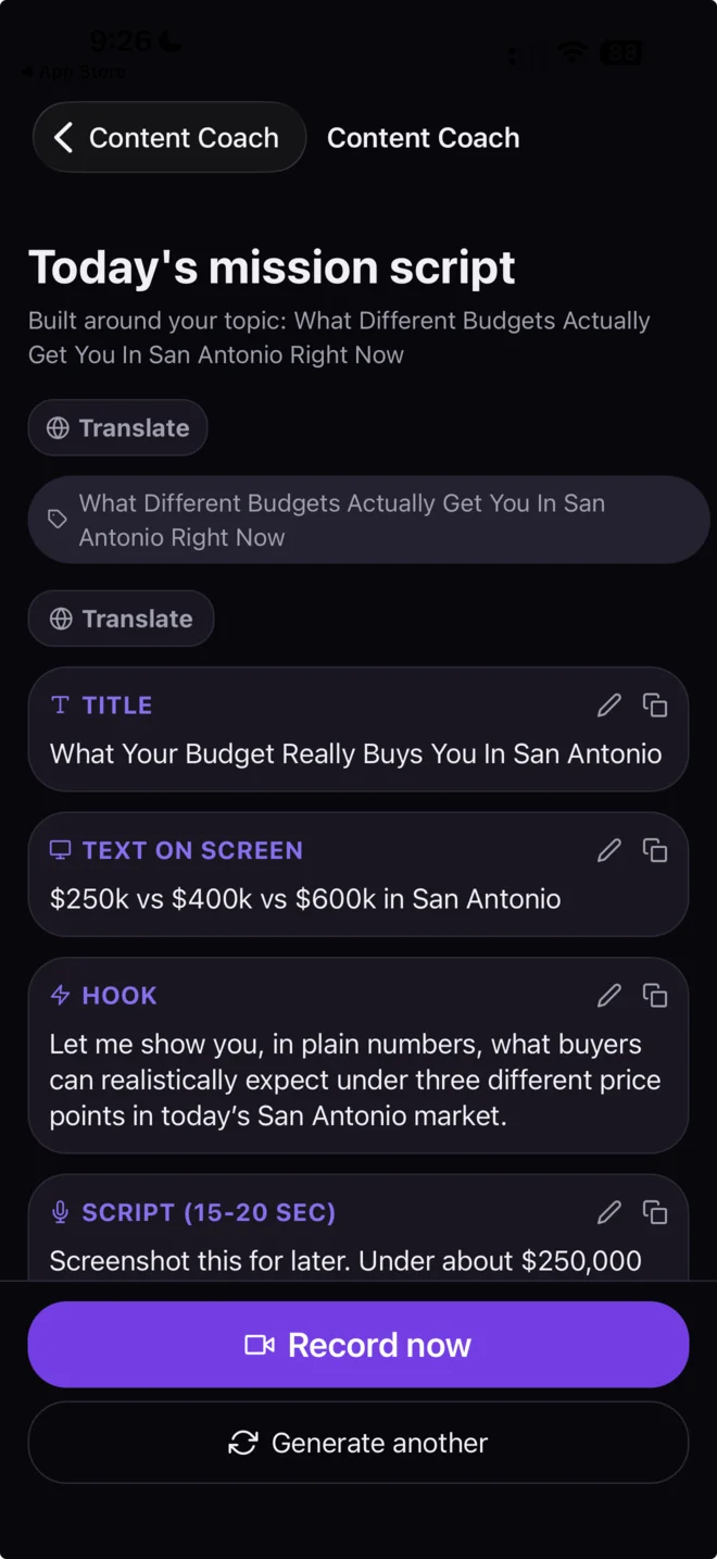 Generated buyer lesson screen showing the title, on-screen text, hook, spoken script and Record now action