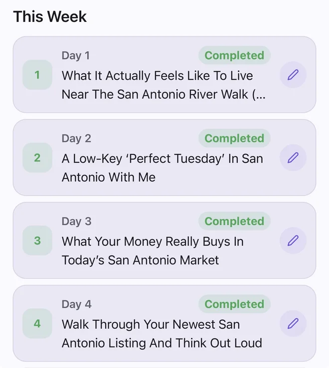 Content Coach weekly plan showing four real estate video ideas, with completed missions and an edit option for each week