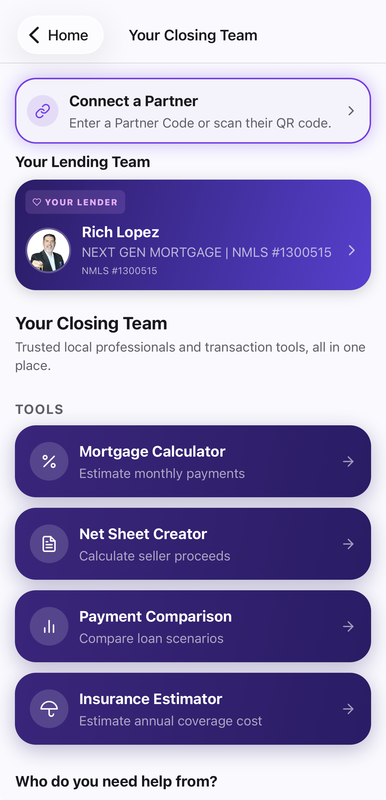 ReelMap Closing Team screen with useful tools agents can share with clients